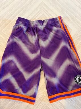 Flow Society Boys Athletic Shorts Medium Purple Gray Tie Dye Neon Orange Trim